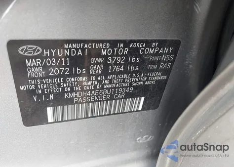2011 Hyundai Elantra Gls (Ulsan Plant) from USA, damaged, VIN KMHDH4AE6BU119349